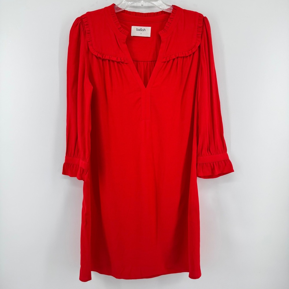 ba&sh Track Grenadine Lady Dress Womens 1 Red Ruffle Bib V-Neck Mini Size 6